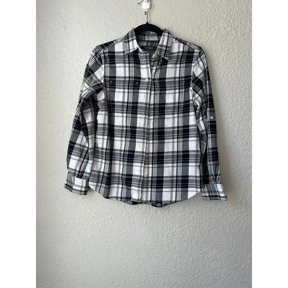 Lauren Ralph Lauren Plaid Button Down Shirt Roll Tab Sleeves Black White‎ PS